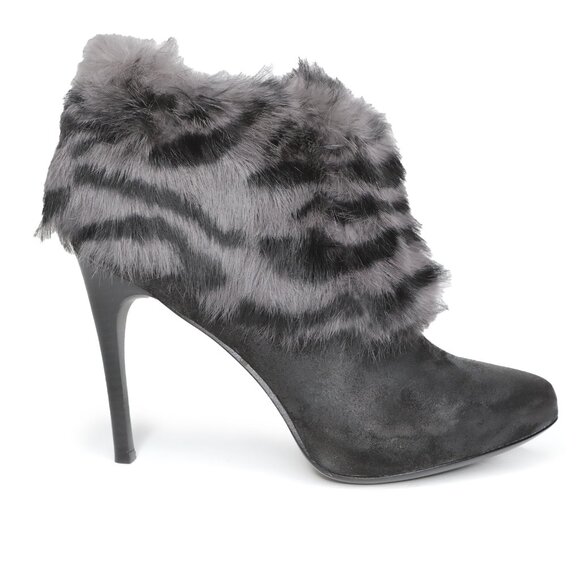 Donald J. Pliner Eli Suede Fur Cuff Ankle Boots Booties Heels Black Grey Stripe - Picture 2 of 14